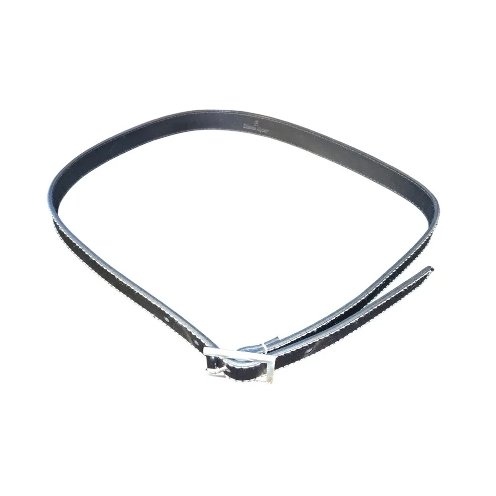 Etienne Aigner Belt Women Large Black Leather Silver Buckle Contrast Stitch 1126
